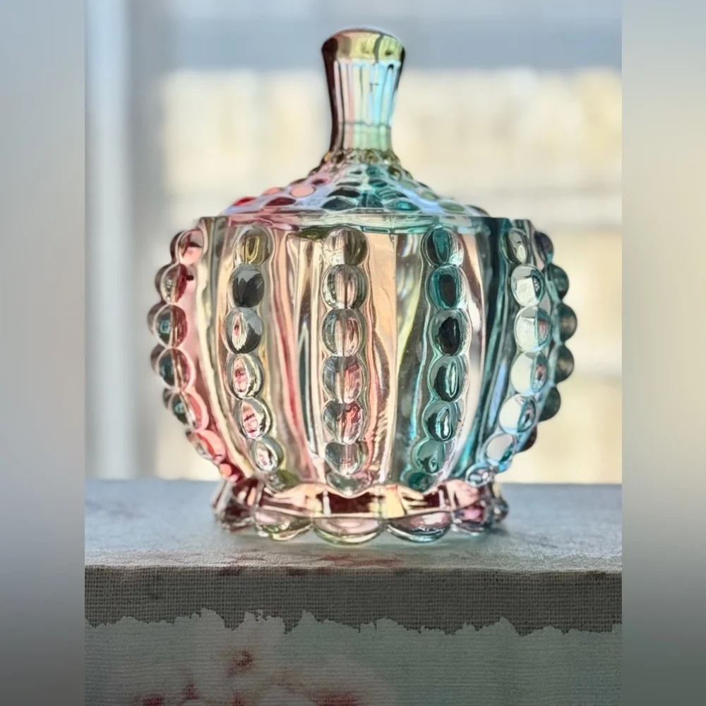 New Rainbow Fluted Knobby Glass Jewelry, Trinket, Candy Dish Decor w/ Lid - 4.5”